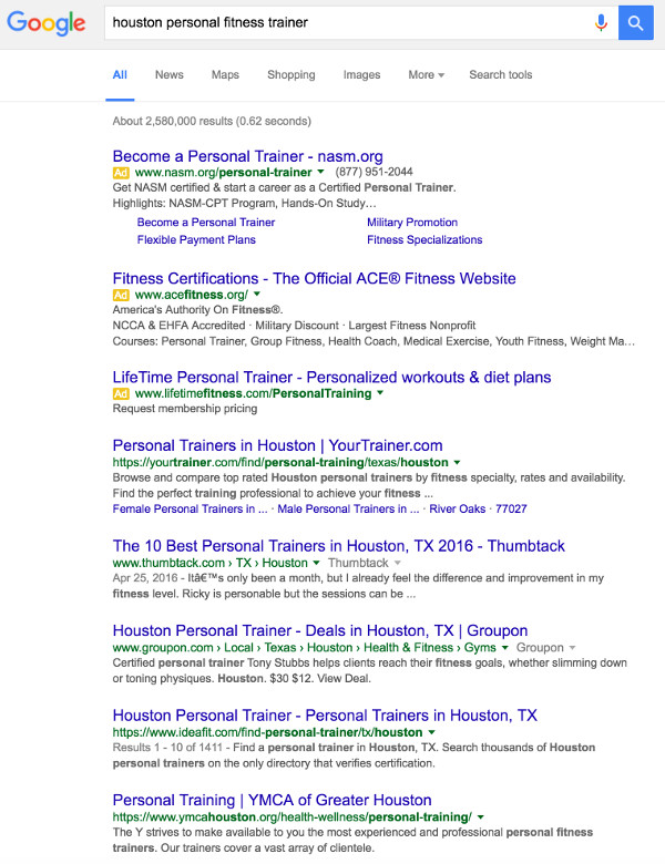 Google Search Houston Personal Fitness Trainer